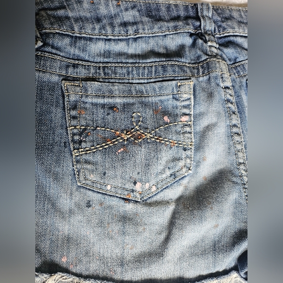 Womens Mudd Blue Jean Shorts Size 5 Pink Orange Paint Splatter - Picture 8 of 10